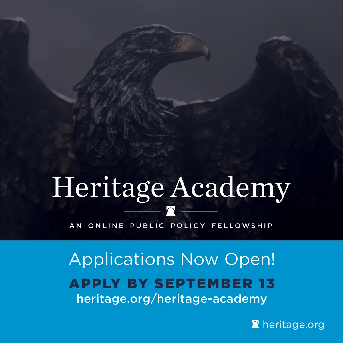 Heritage Academy flyer with eagle mark: applications now open, apply by September 13