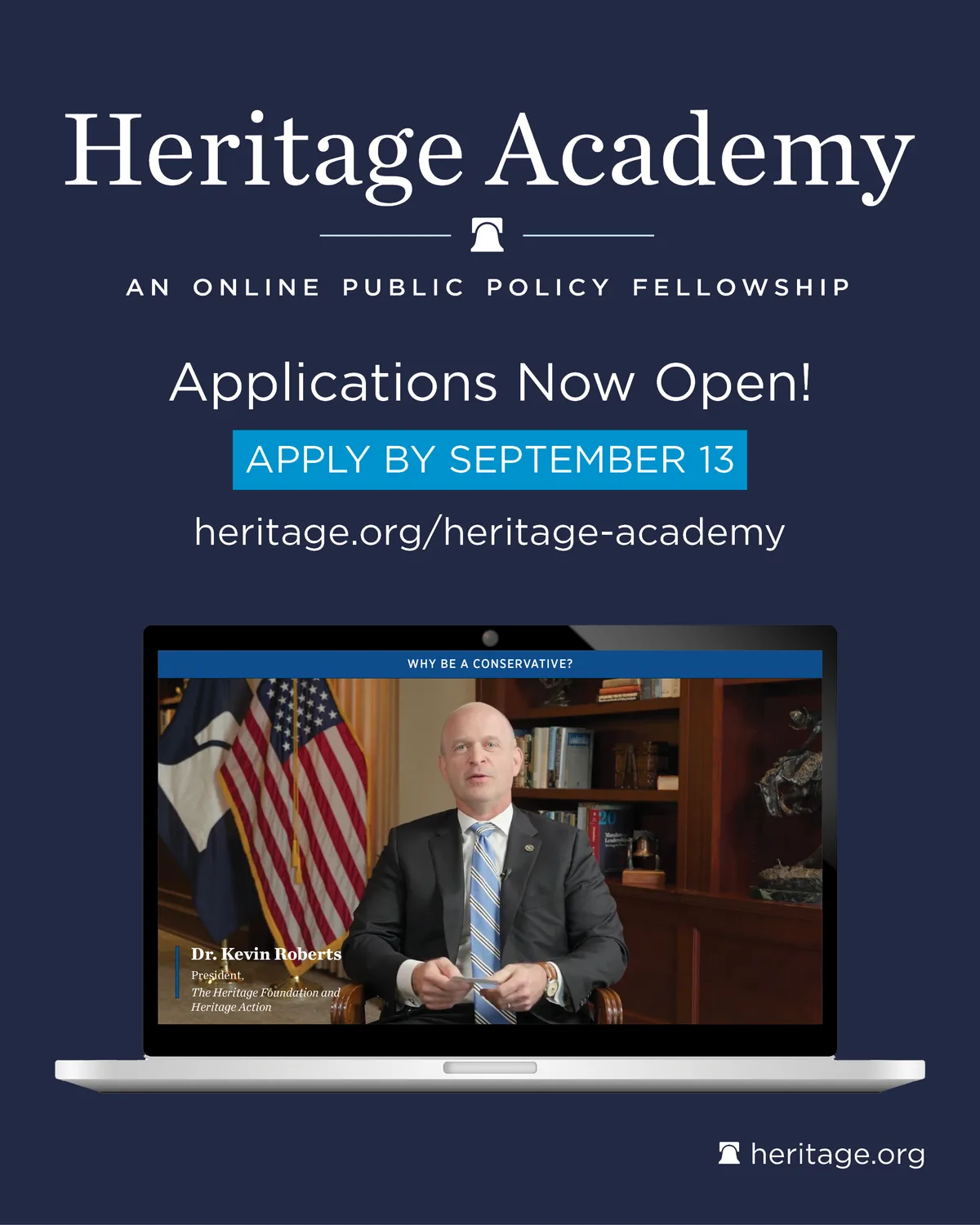 Heritage Academy flyer showing an online lecture with Dr. Kevin Roberts, apply by September 13
